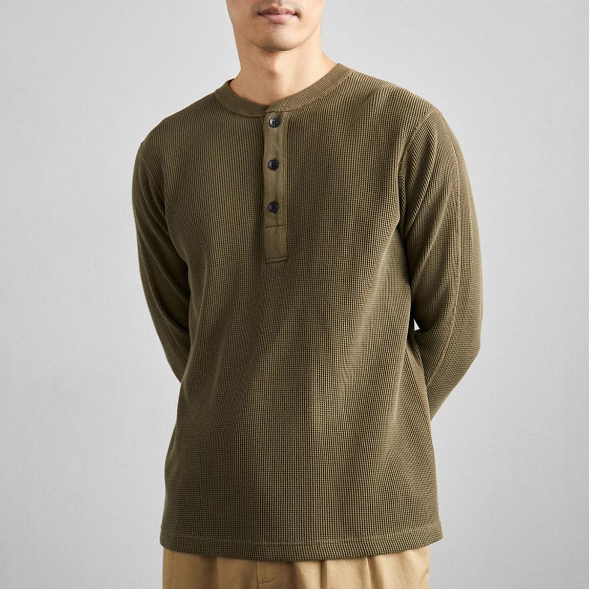 Khaki Henley Waffle Long Sleeve Top main product photo