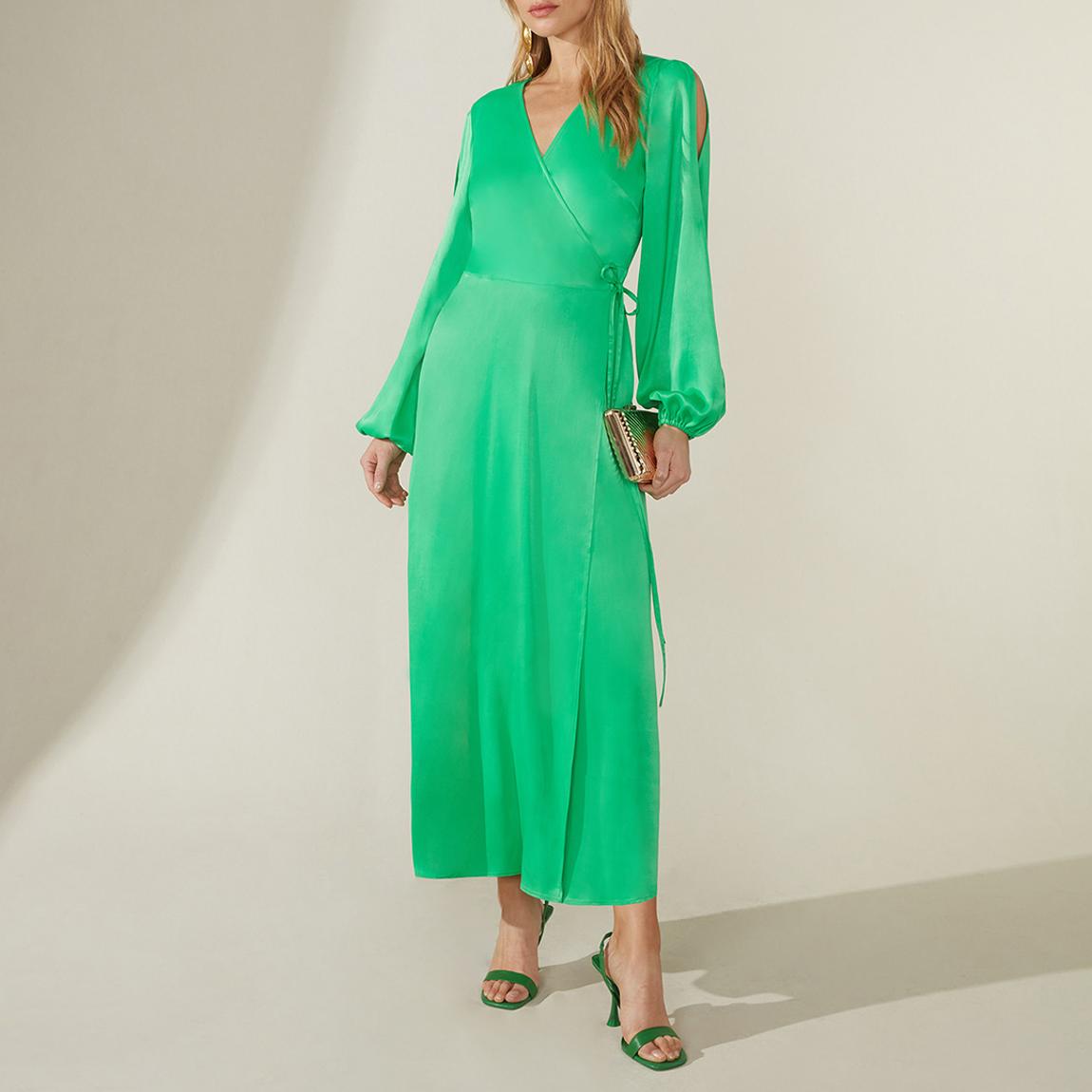 Green Satin Cold Shoulder Wrap Dress main product photo
