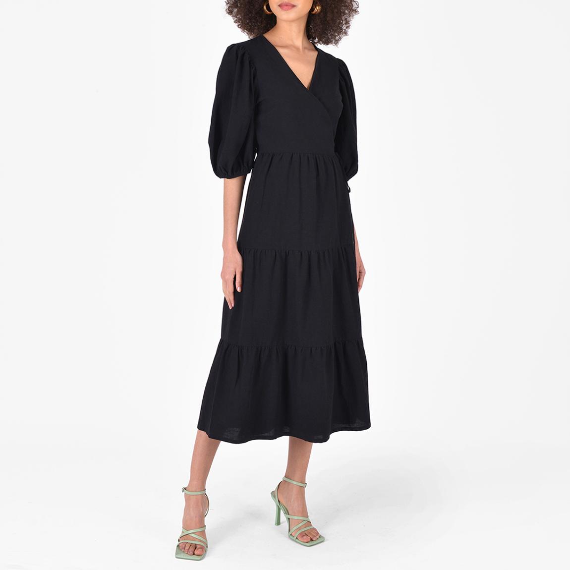 Black Wrap Cotton Linen Blend Dress main product photo