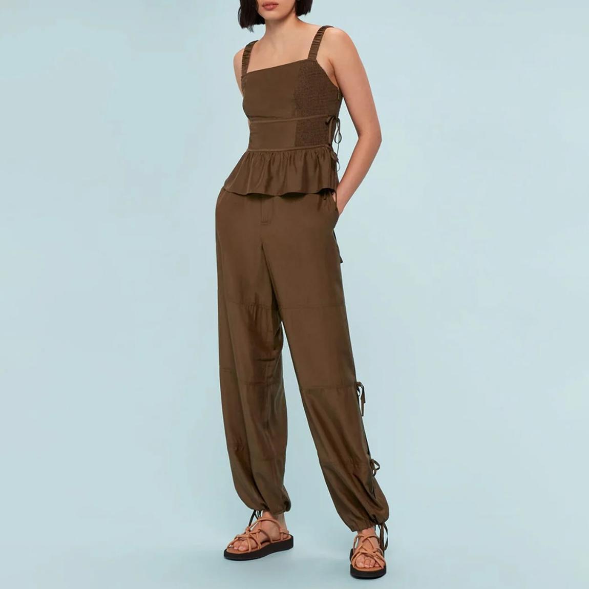 Brown Tie Detail Silk Blend Trousers main product photo