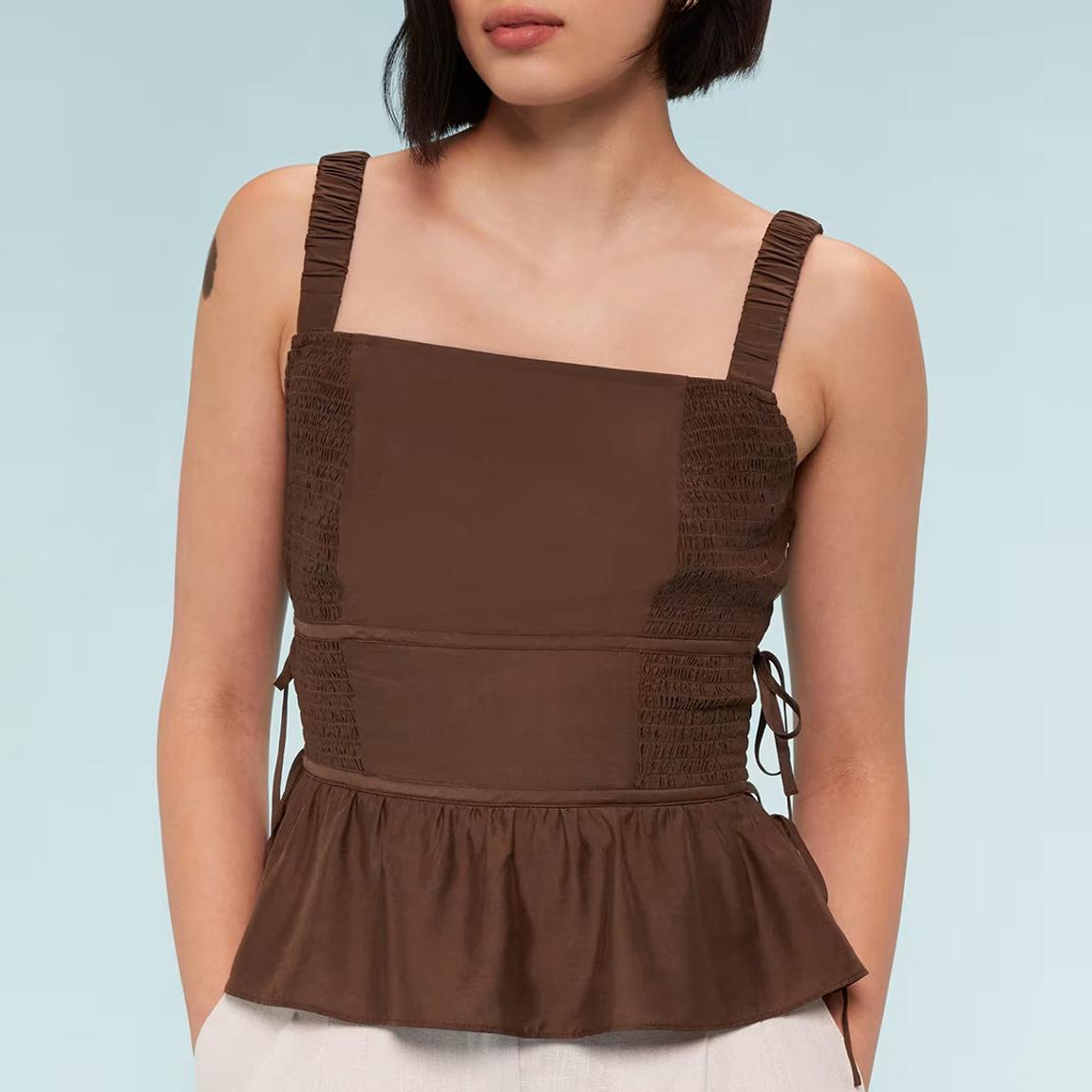 Brown Tie Side Shirred Silk Blend Top main product photo