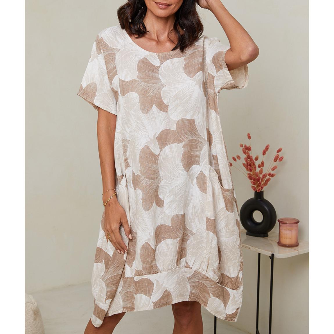 LE MONDE DU LIN Camel Printed Linen Dress - BrandAlley