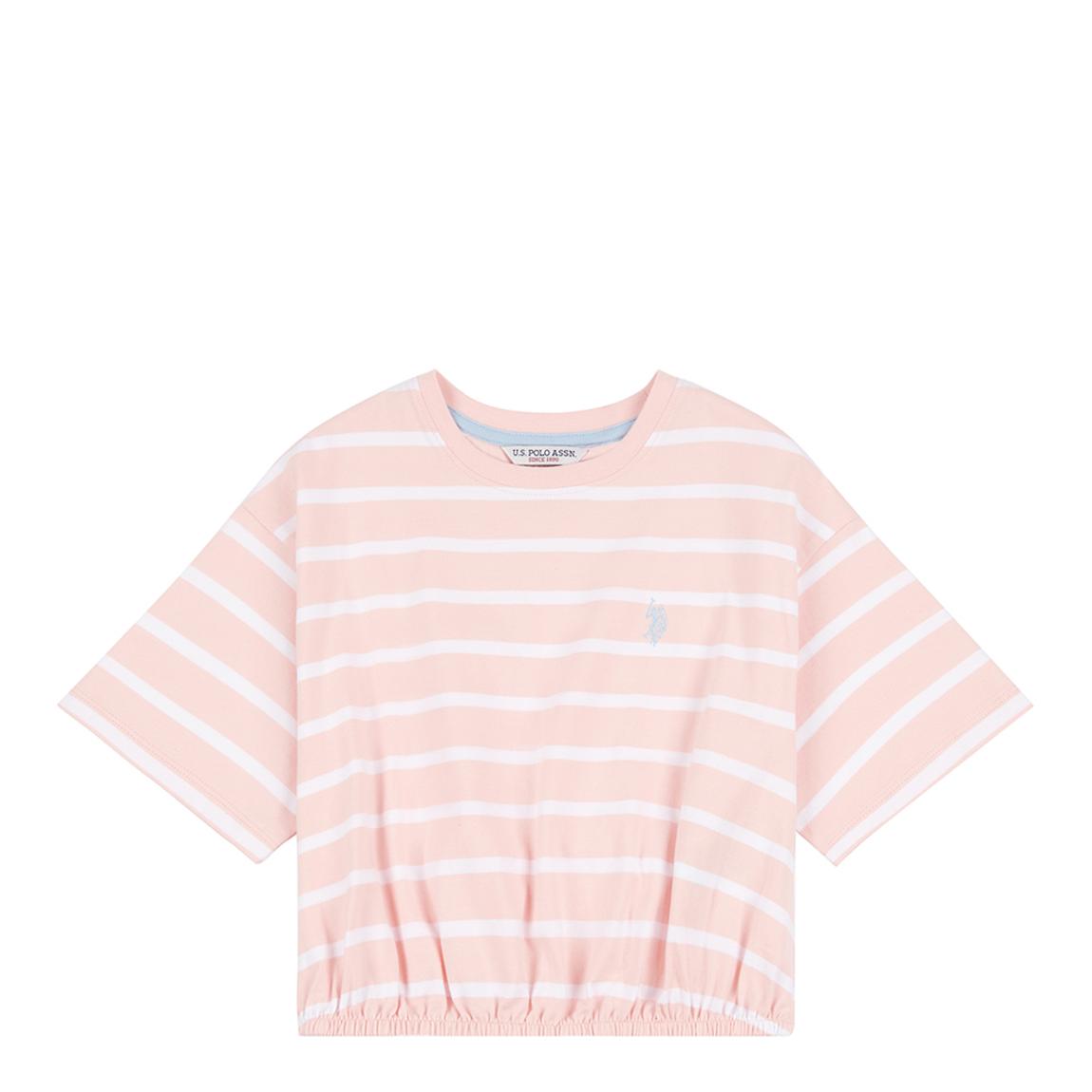 Girl's Pink Rounded Elastic Hem Striped Tee main product photo