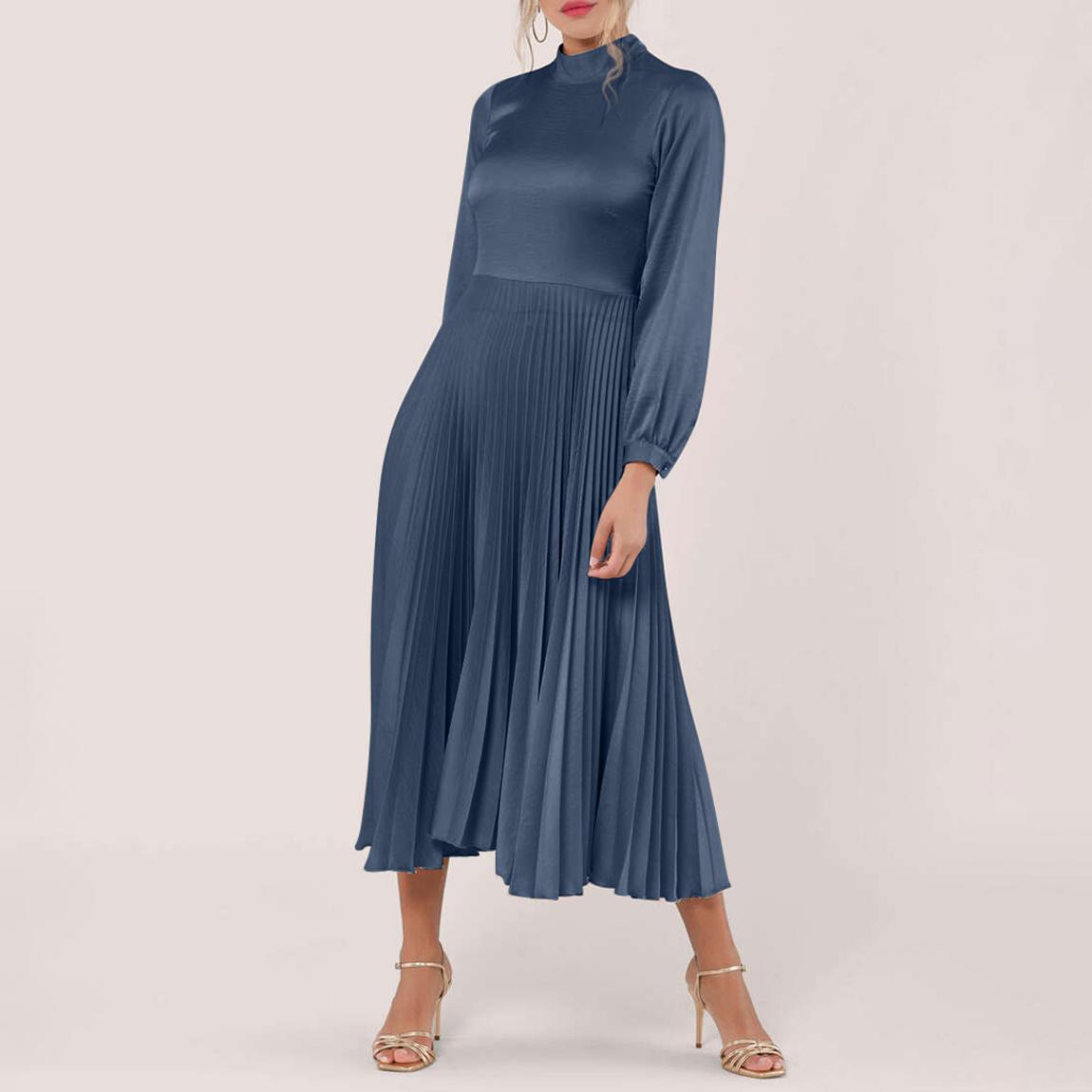 Navy Long Sleeve Pleated Midi Dress main product photo