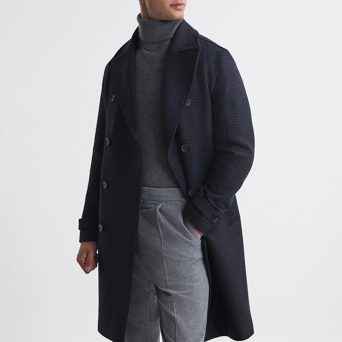 Navy Attention Check Wool Blend Coat main product photo
