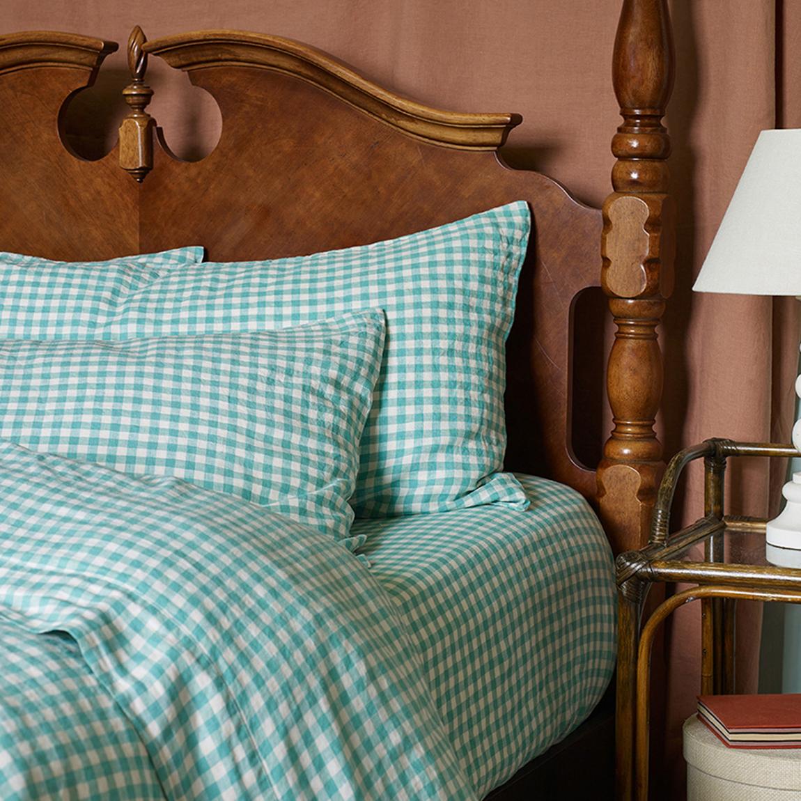 Pistachio Gingham Pair of Square Linen Pillowcases main product photo