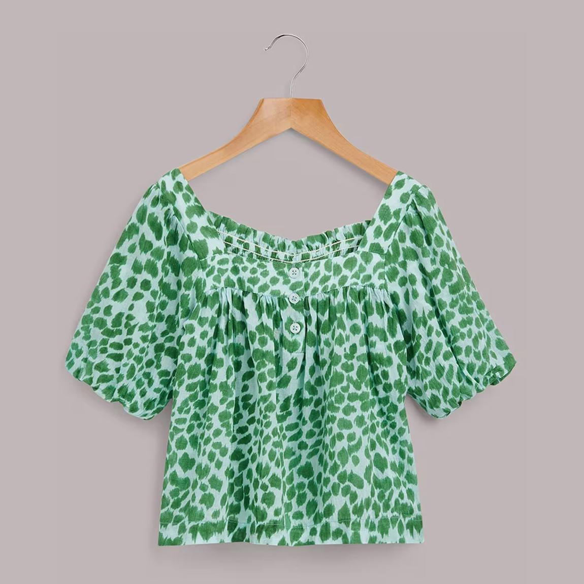 WHISTLES Green Leopard Print Cotton Trapeze Top - BrandAlley