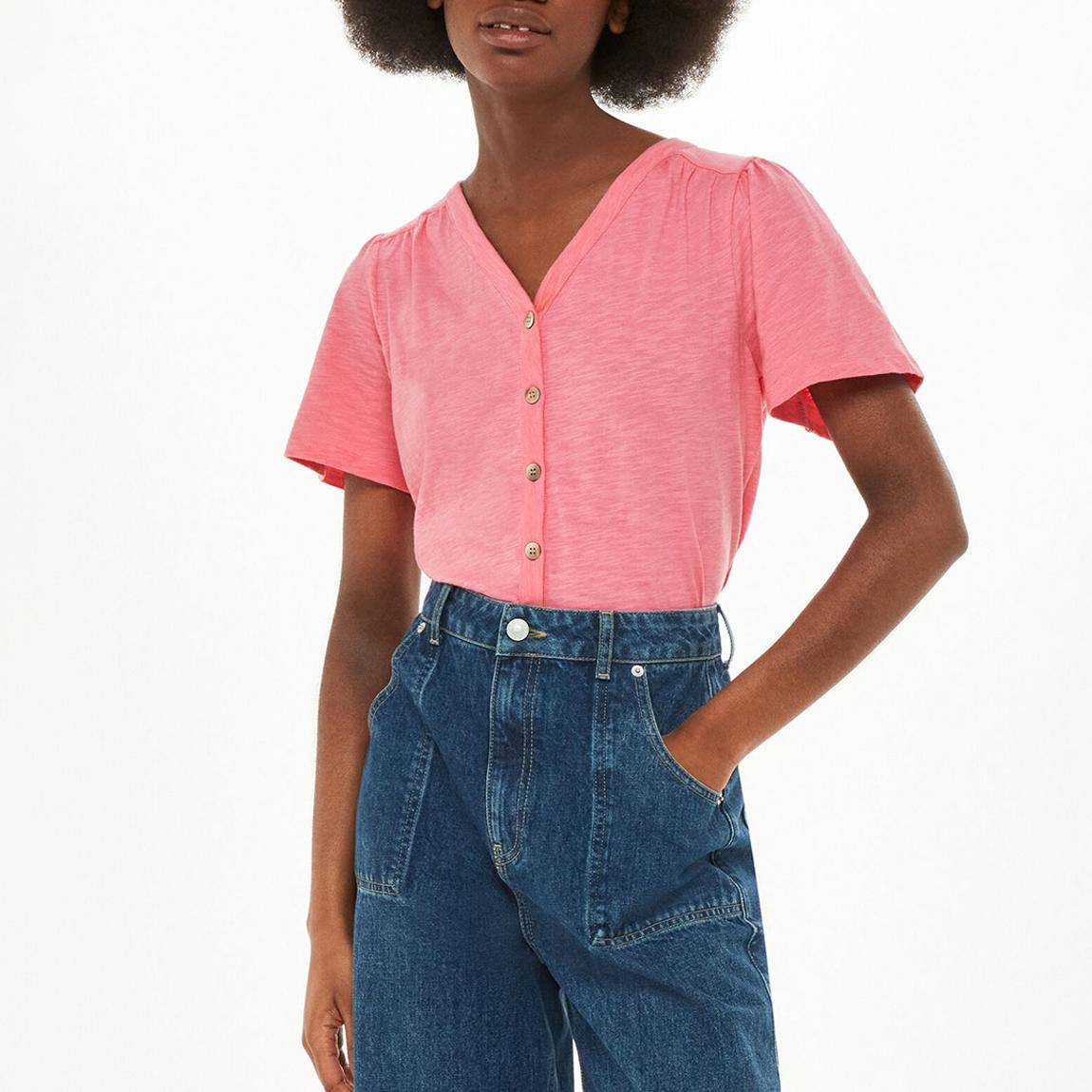 Pink Maeve V-Neck Button Front Cotton T-Shirt main product photo