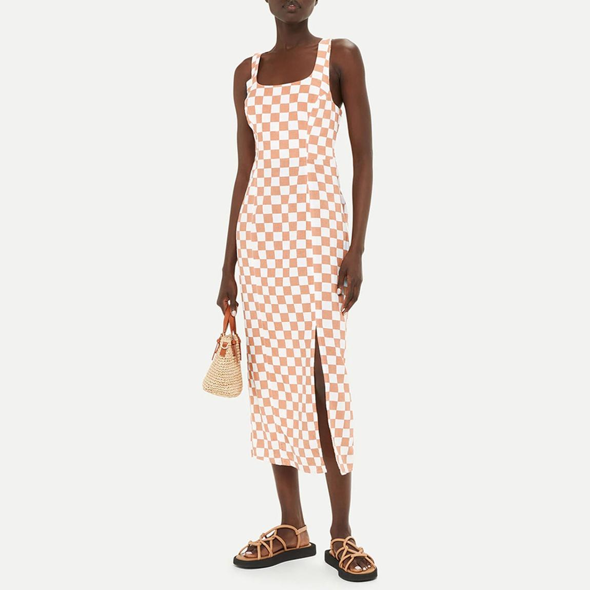 Pink Linen Blend Checkerboard Dress main product photo
