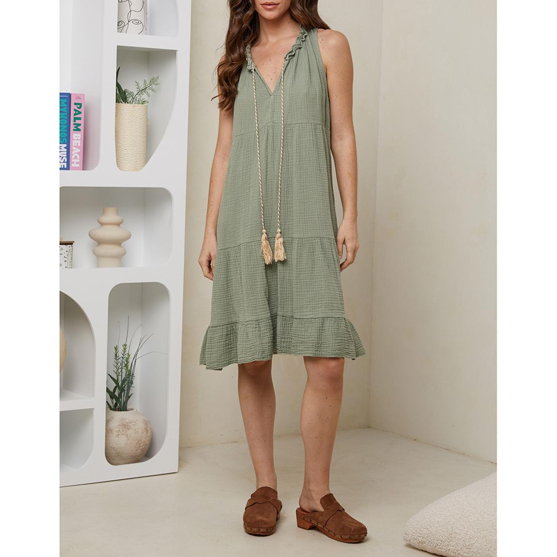 Khaki Tie Neck Cotton Dress main product photo