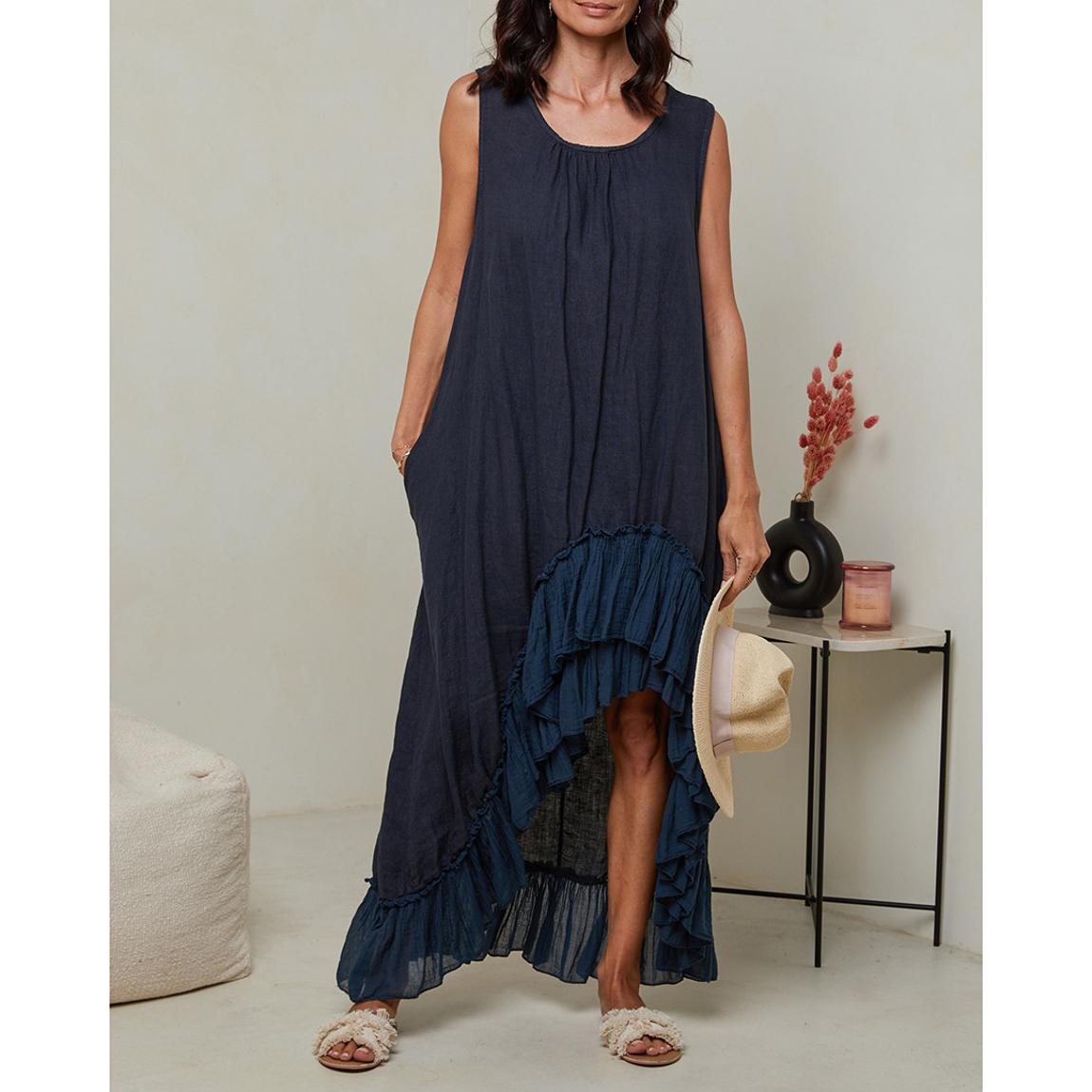 Navy Frill Linen Dress main product photo