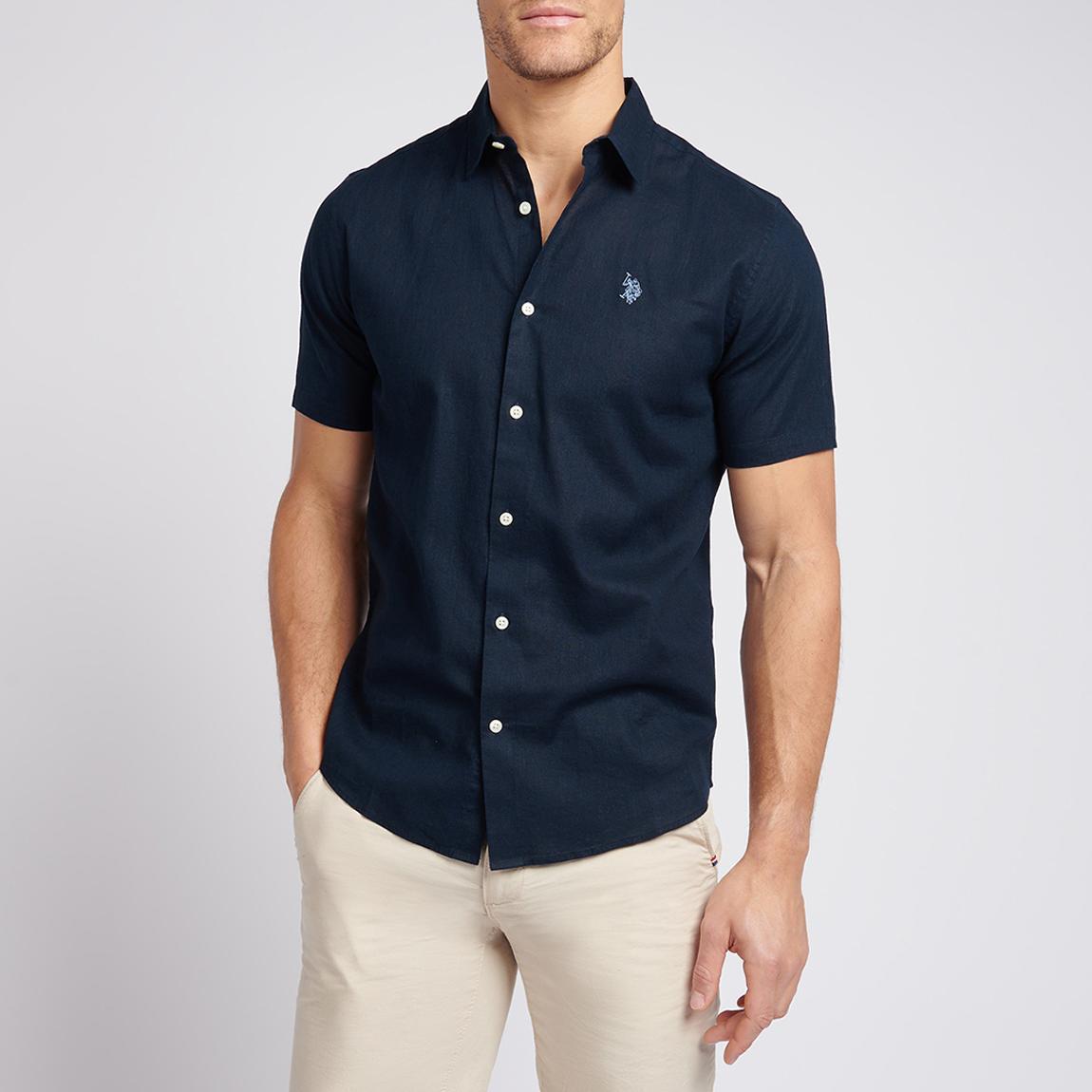 Navy Short Sleeve Linen Blend Shirt main product photo