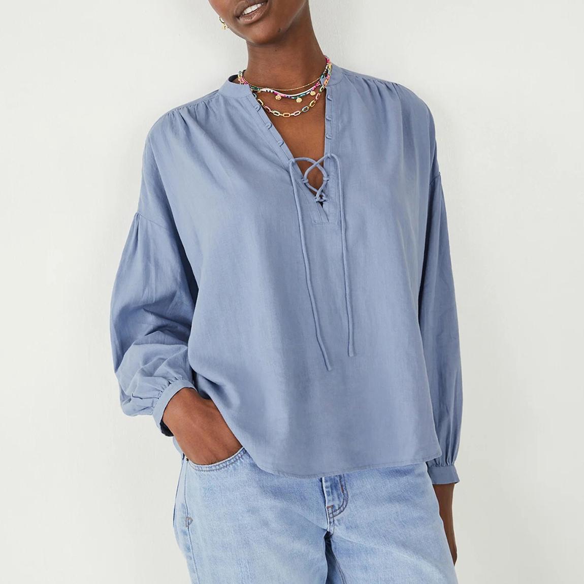 Blue Linen Blend Tallulah Lace Up Blouse main product photo