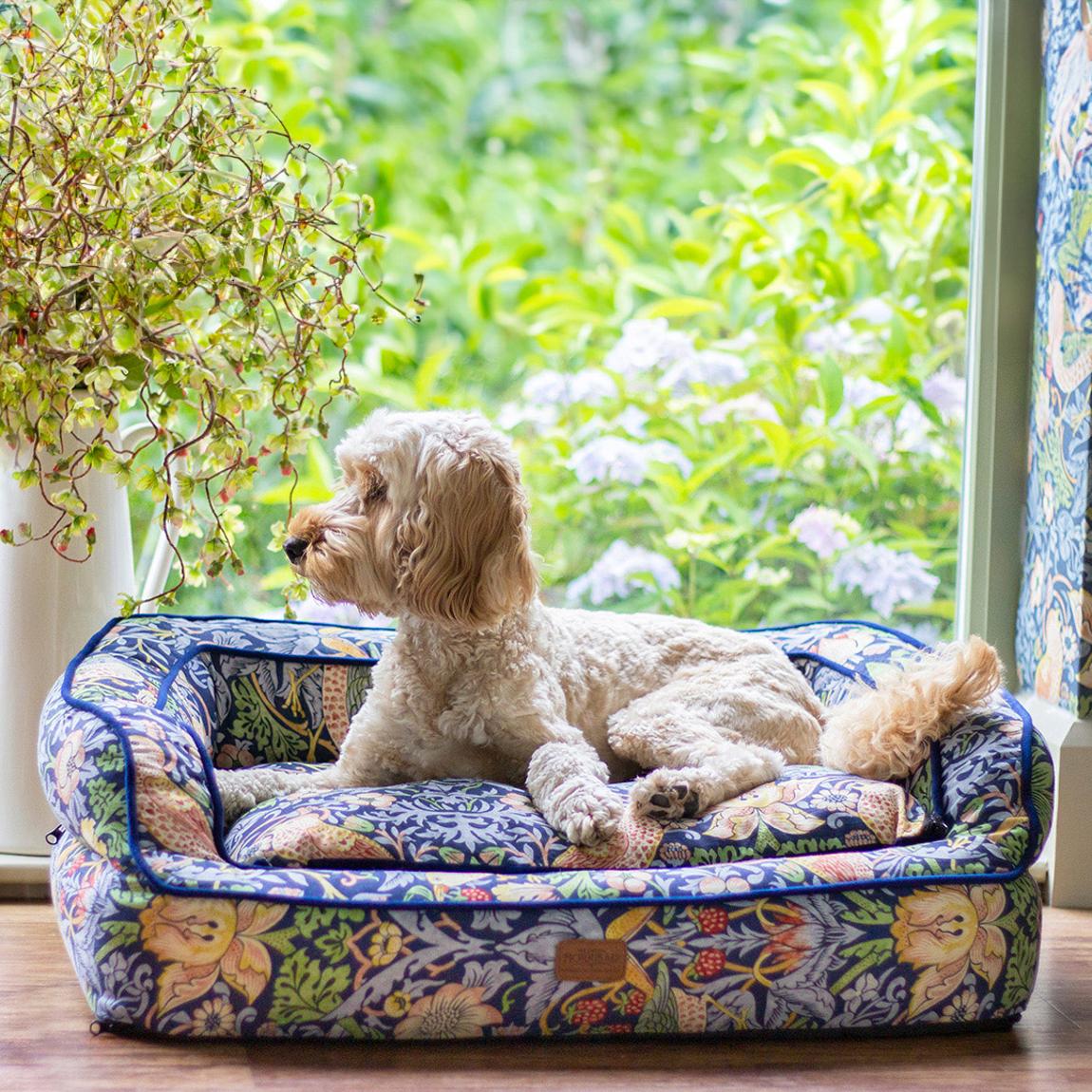 Strawberry Thief Pet Sofa Bed, Dark Blue, Size Medium, 72cm x 53cm x 25cm main product photo
