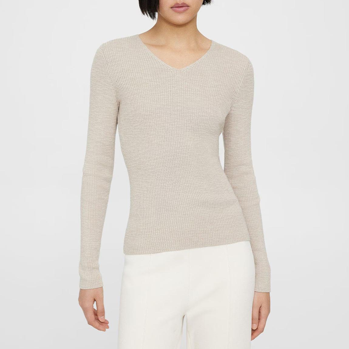 Beige Ribbed V-Neck Cotton Blend Top main product photo