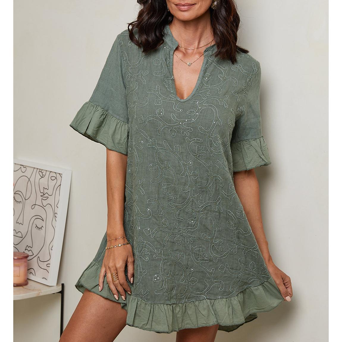 Khaki V-Neck Linen Mini Dress main product photo