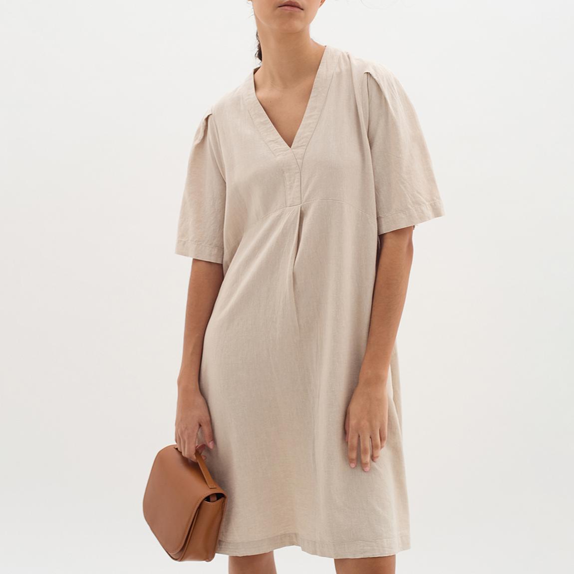 Beige Ellie V-Neck Linen Blend Mini Dress main product photo