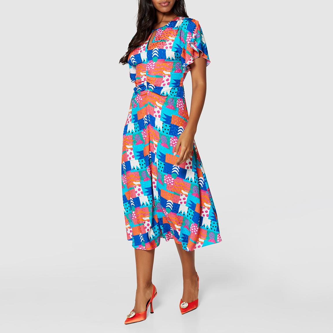 Blue Jacquard Print A-Line Kimono Dress main product photo