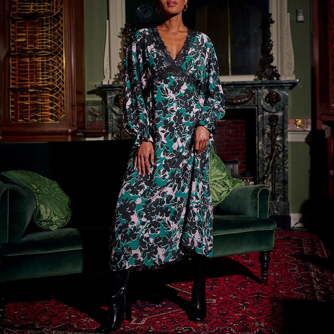 sunday green dress Hunter Green Split Neck Puff Short Sleeve Tiered Midi Dress
