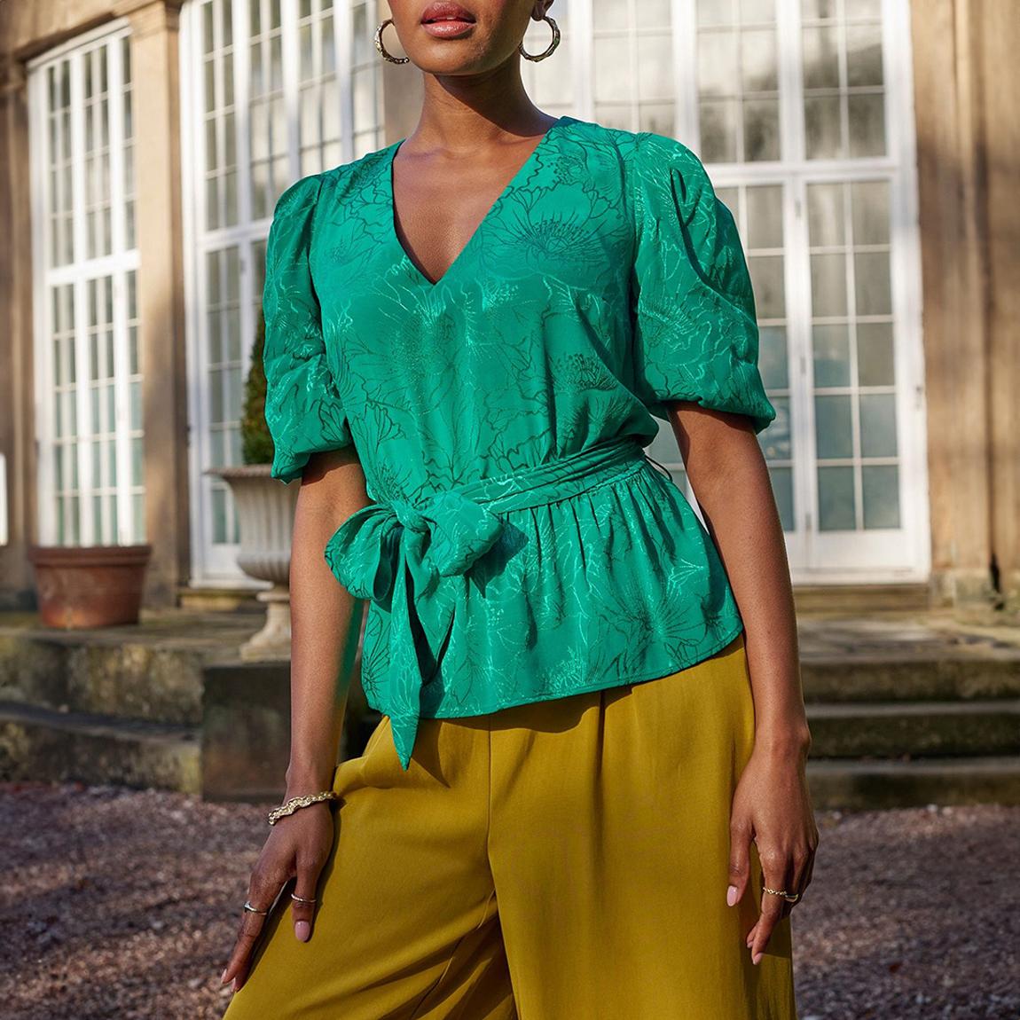 Green Puff Sleeve Jacquard Blouse main product photo