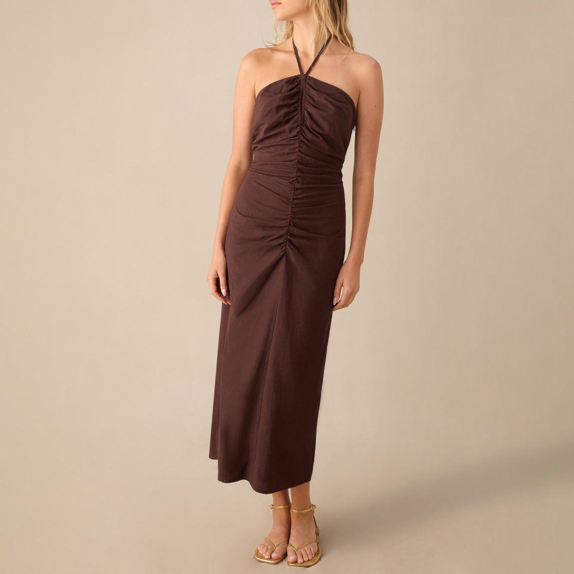 Brown Halter Ruched Front Linen Midaxi Dress main product photo