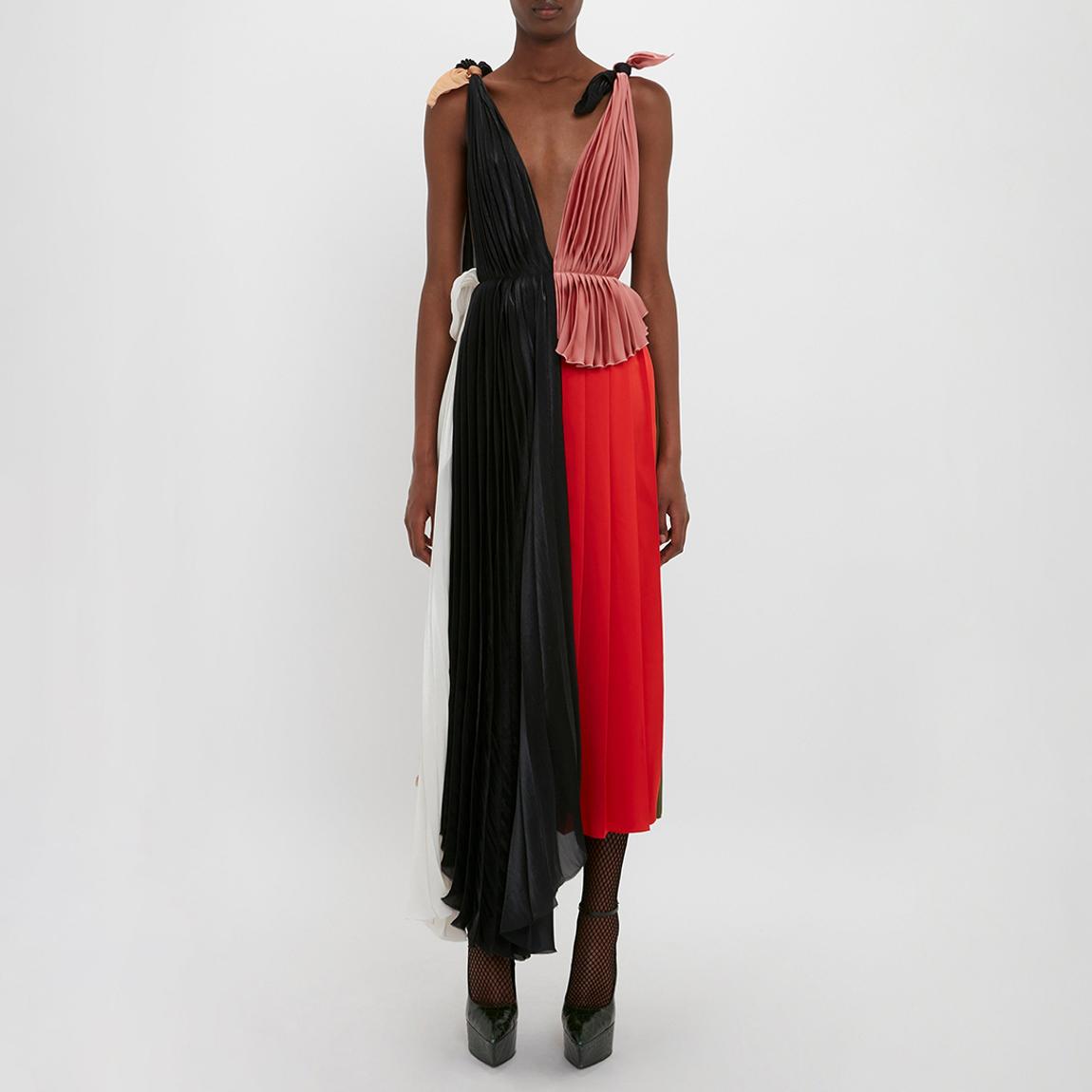 Black/Multi Asymmetric Pleated V-Neck Dress main product photo