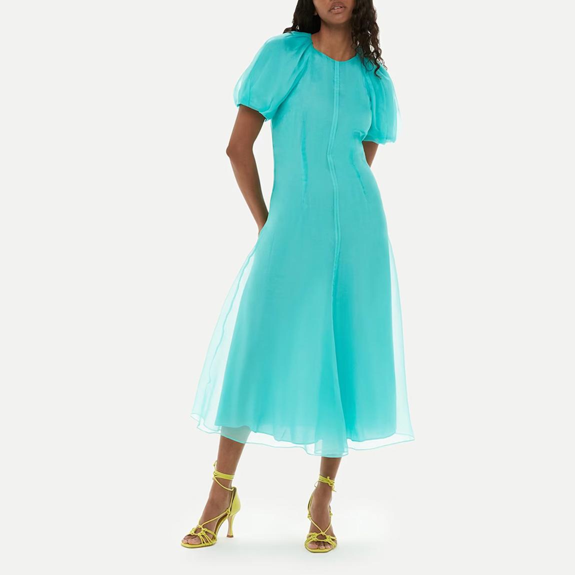 Turquoise Organza Puff Sleeve Silk Dress main product photo