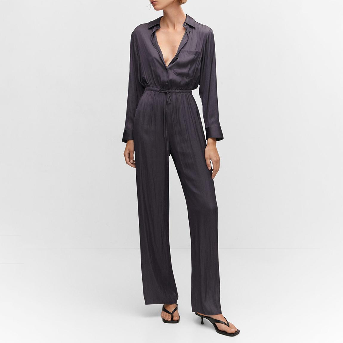 Grey Long Satin Shirt Jumpsuit main product photo