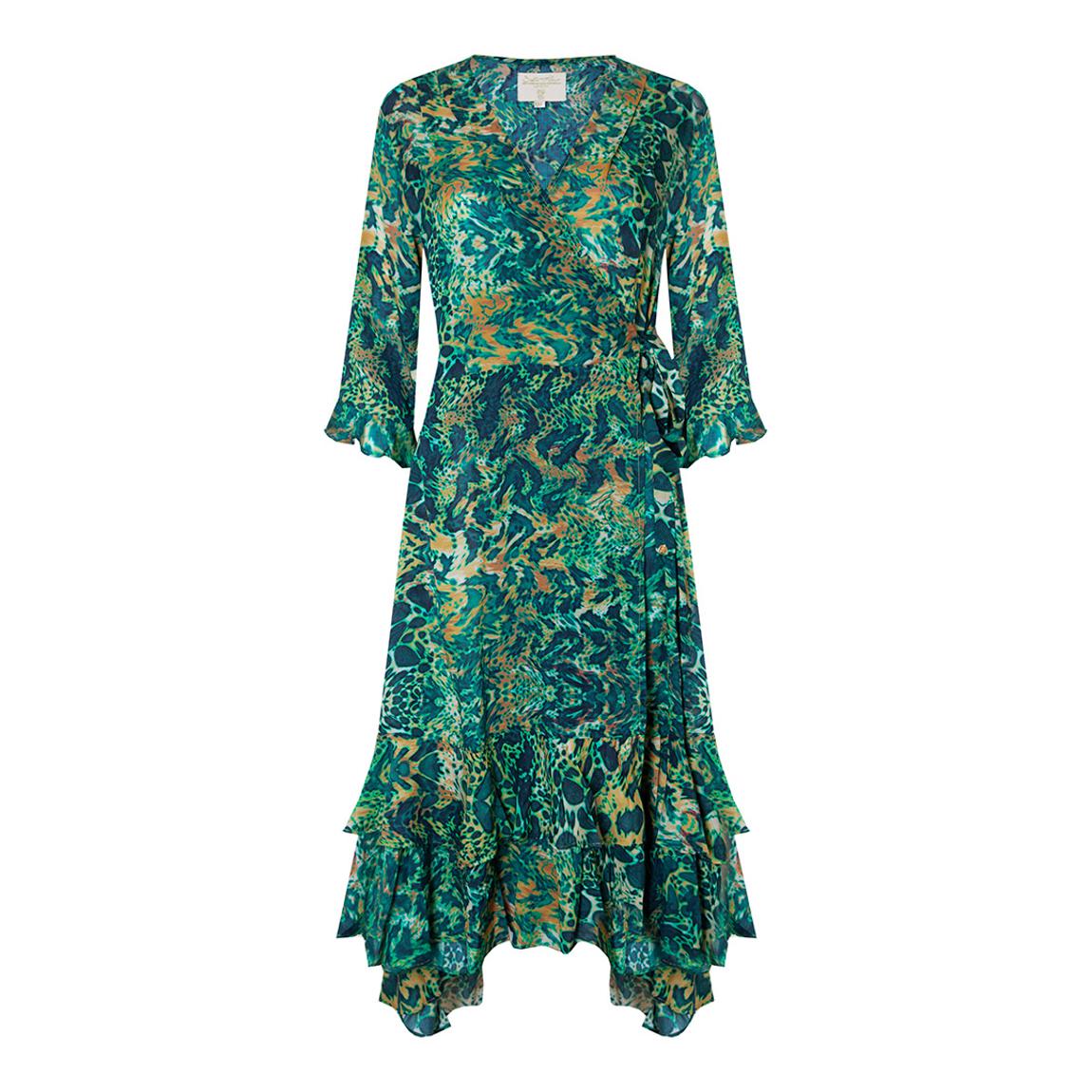 Emerald Leopard Midi Ruffle Wrap Dress main product photo