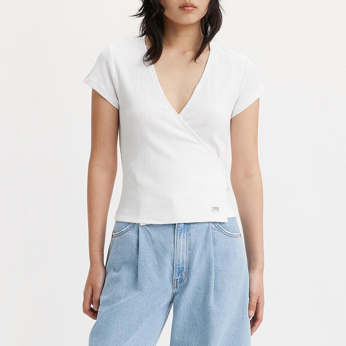 White Pointelle Wrap Cotton Blend Top main product photo