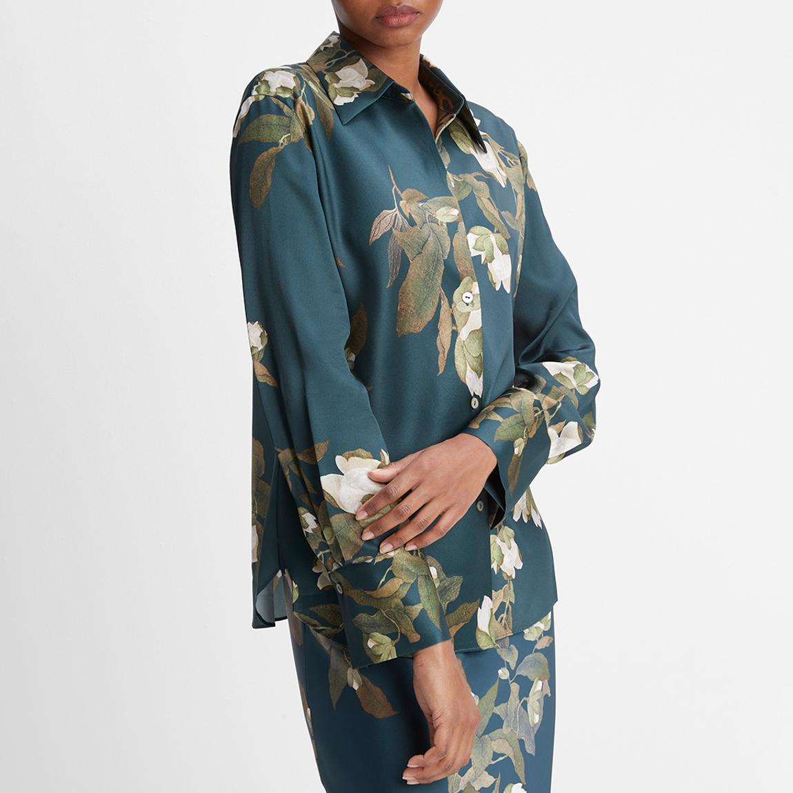 Blue Camellia Branch Bias Silk Blouse main product photo