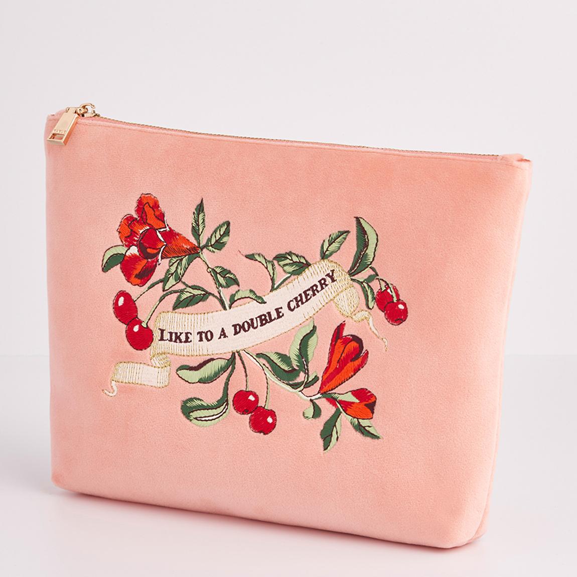 Midsummer Dream Cherry Embroidered Peach Velvet Pouch main product photo