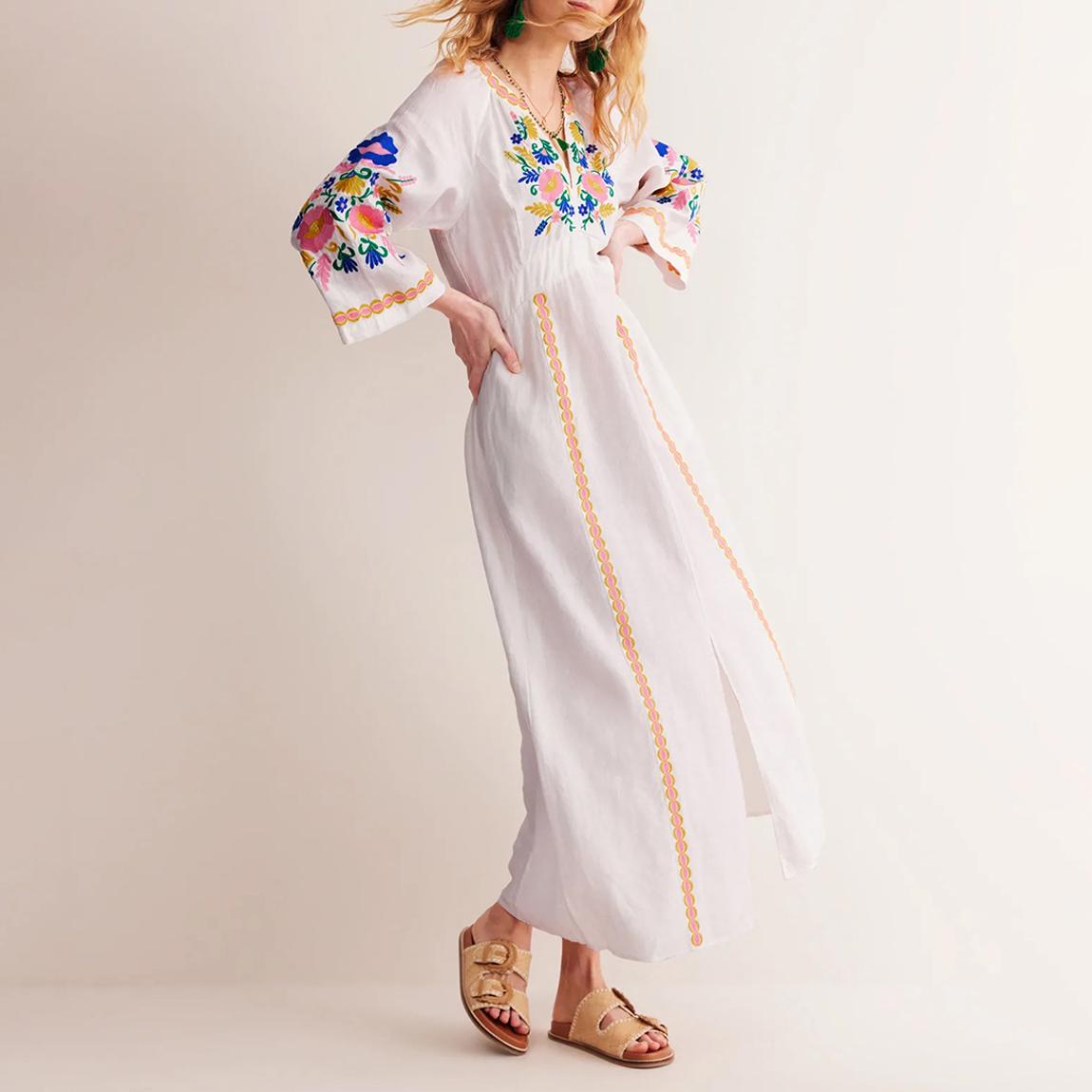 chinese dress ladies Ruby Linen Blend Shirt Dress-White Embroidery main image 0