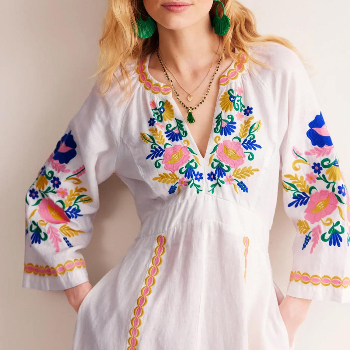 Boden White Una Linen Embroidered Dress - BrandAlley
