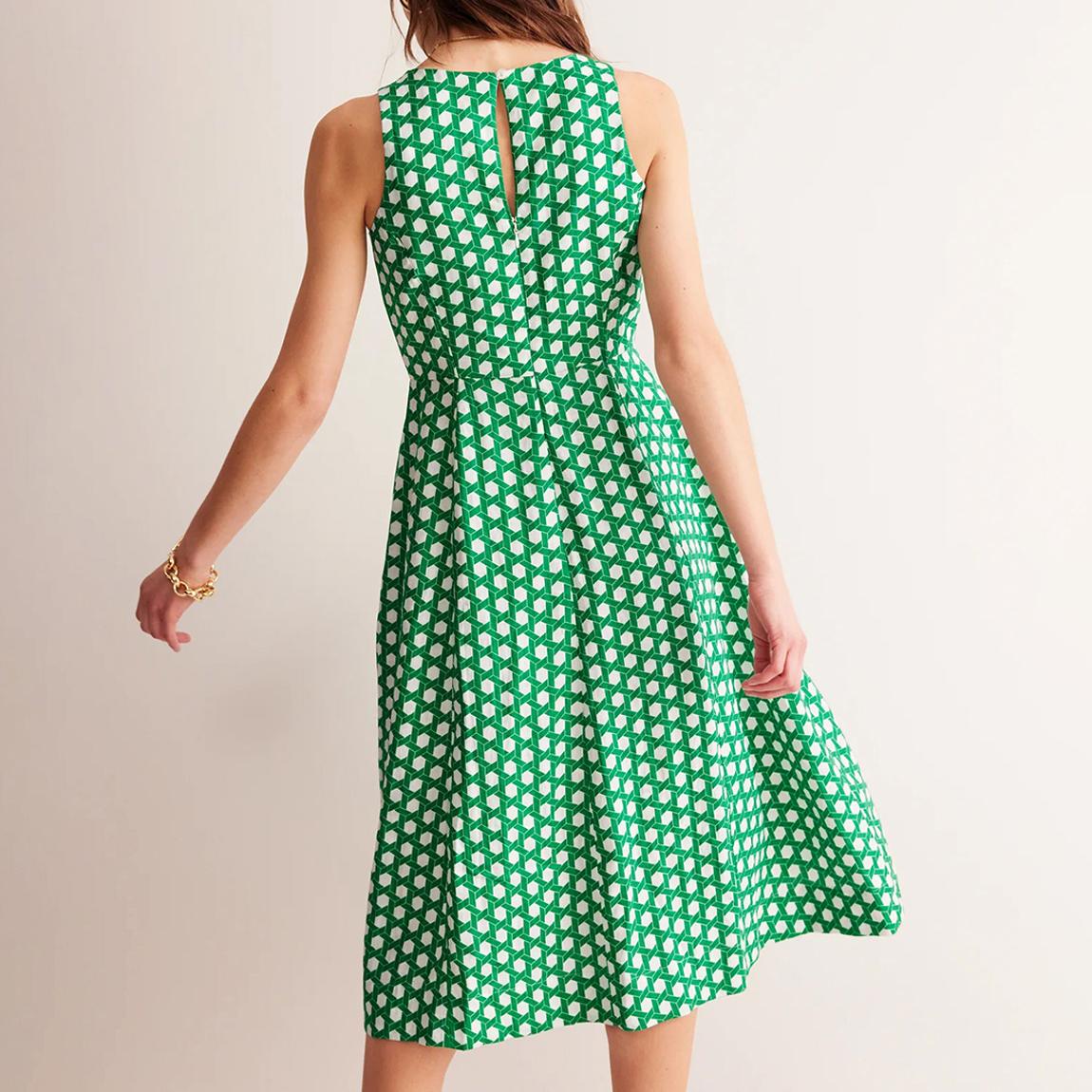 Boden Carla Linen Midi Dress - Green Tambourine, Geo - BrandAlley