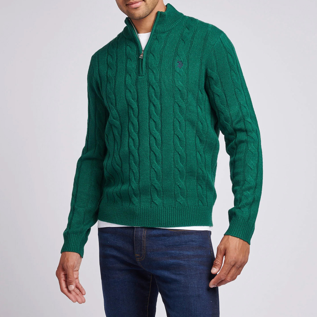 Dark Green Half Zip Cable Knit Jumper main product photo