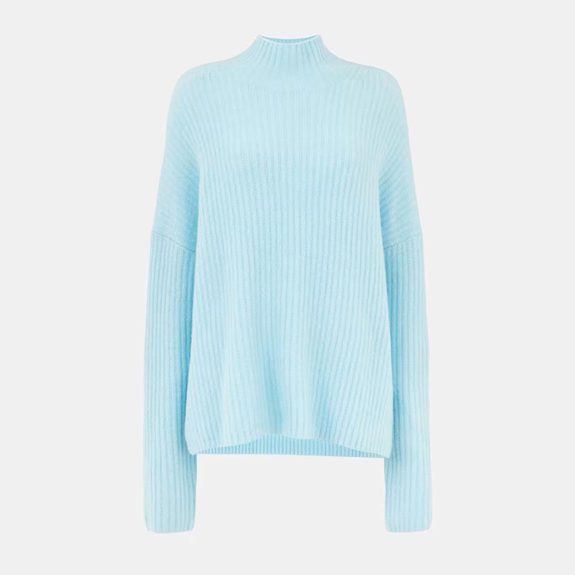Blue Ribbed Funnel Neck Wool Blend Jumper main product photo