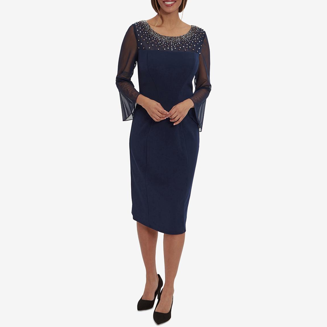 Gina Bacconi Navy Maurine Beaded Neckline Sheath Dress - BrandAlley