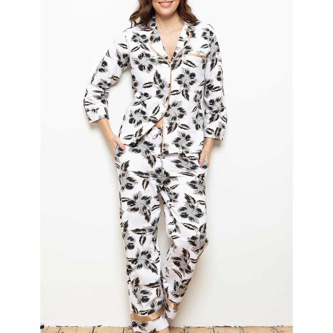 White & Mocha Hibiscus Brushed Cotton Pyjama Set main product photo