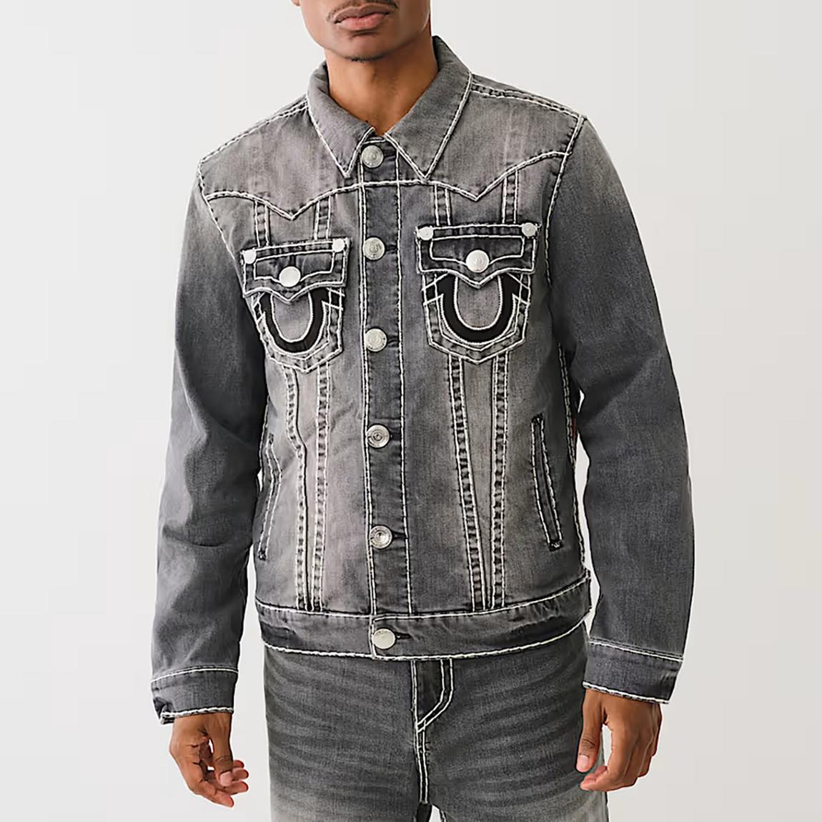 True Religion Washed Grey Jimmy Super T Denim Jacket - BrandAlley