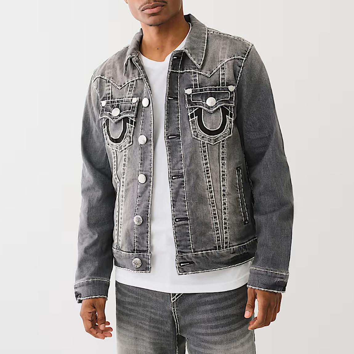 True Religion Washed Grey Jimmy Super T Denim Jacket - BrandAlley