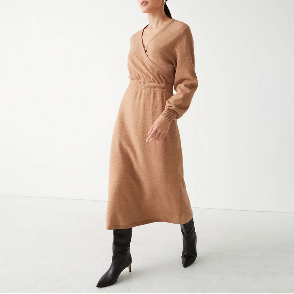 & Other Stories Camel Knitted Wrap Midi Dress - BrandAlley
