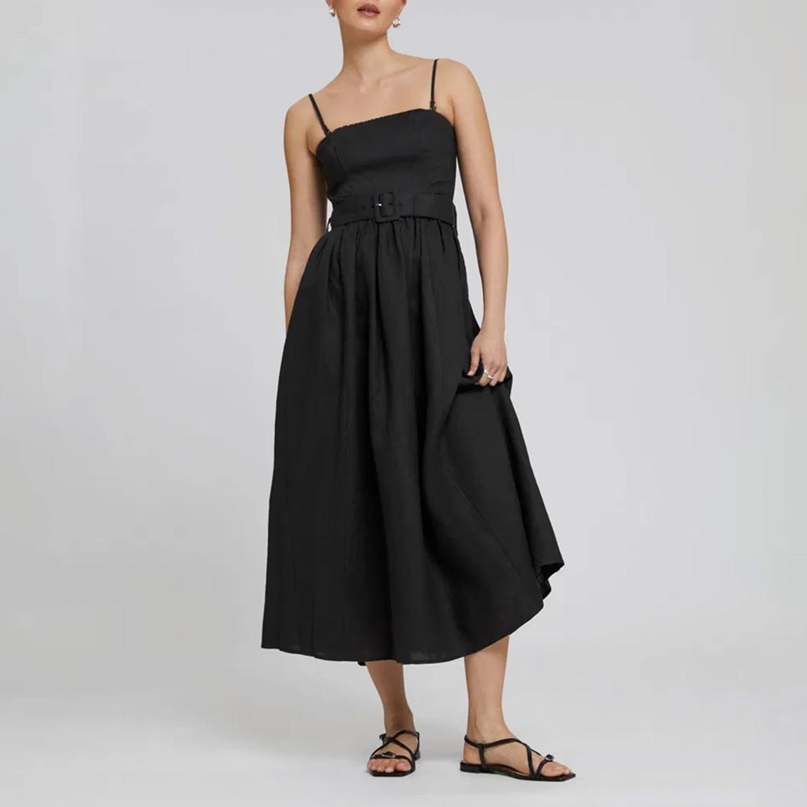 Black Voluminous Belted Midi Dress main product photo