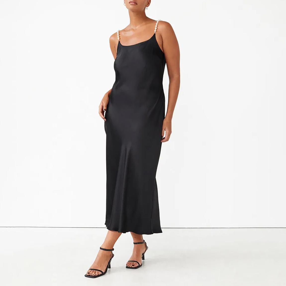 & Other Stories Black Satin Pearl Strap Midi Dress - BrandAlley & Other Stories Black Satin Pearl Strap Midi Dress - BrandAlley