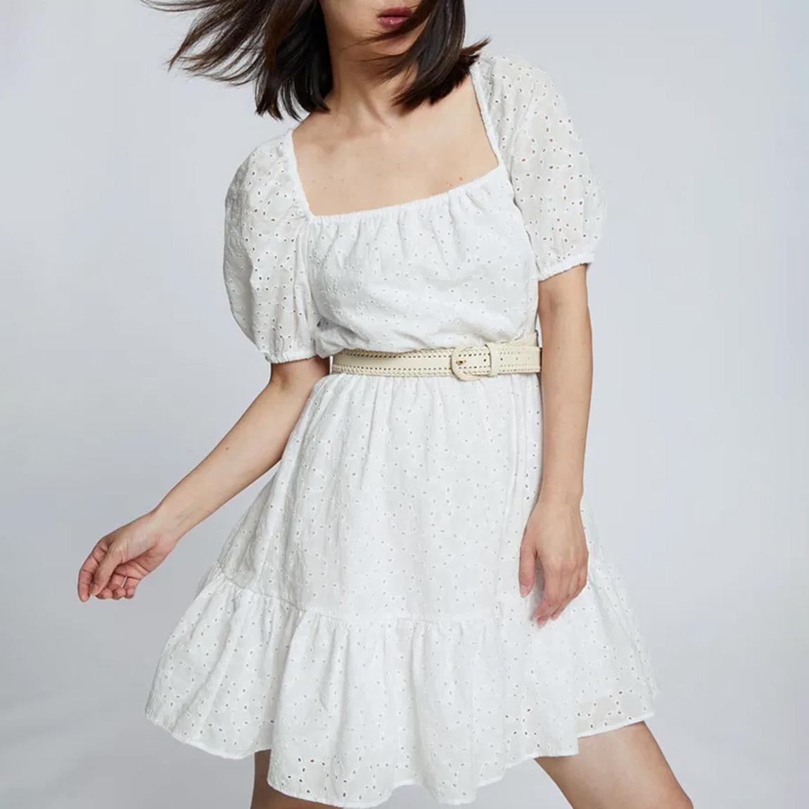 knee length dresses for ladies Aisha Puff Sleeve Tie Back Broderie Anglaise Mini Dress White– Selfie Leslie main image 1