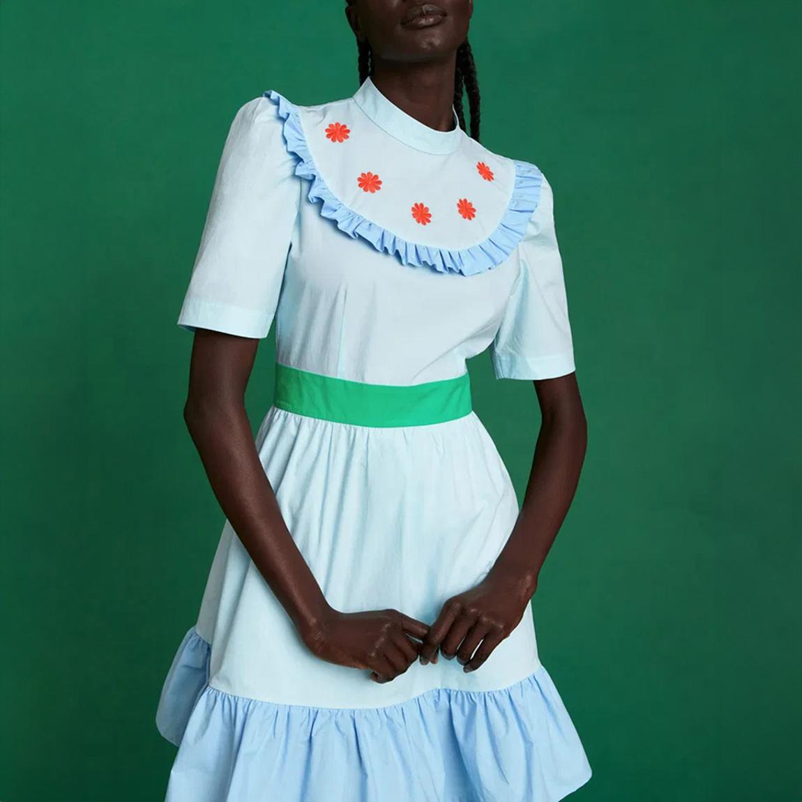 & Other Stories Baby Blue Embroidered Ruffle Dress - BrandAlley
