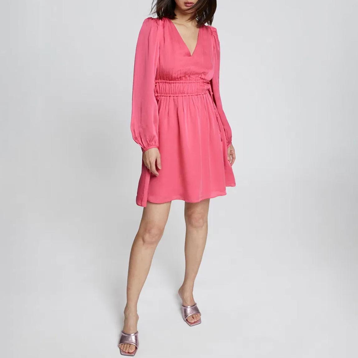 Hot Pink V-Neck Drawstring Waist Mini Dress main product photo