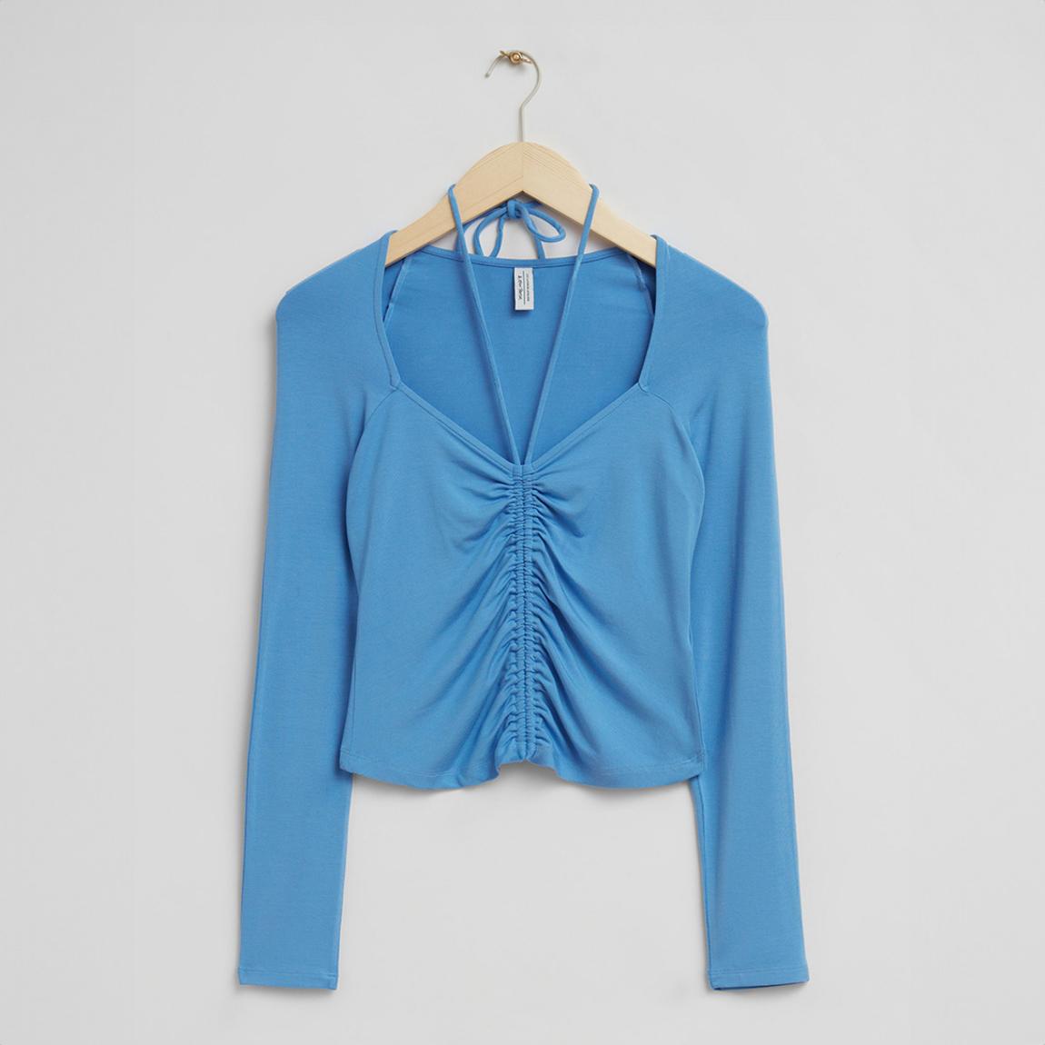 Light Blue Fitted Drawstring Neck Gathered Top main product photo