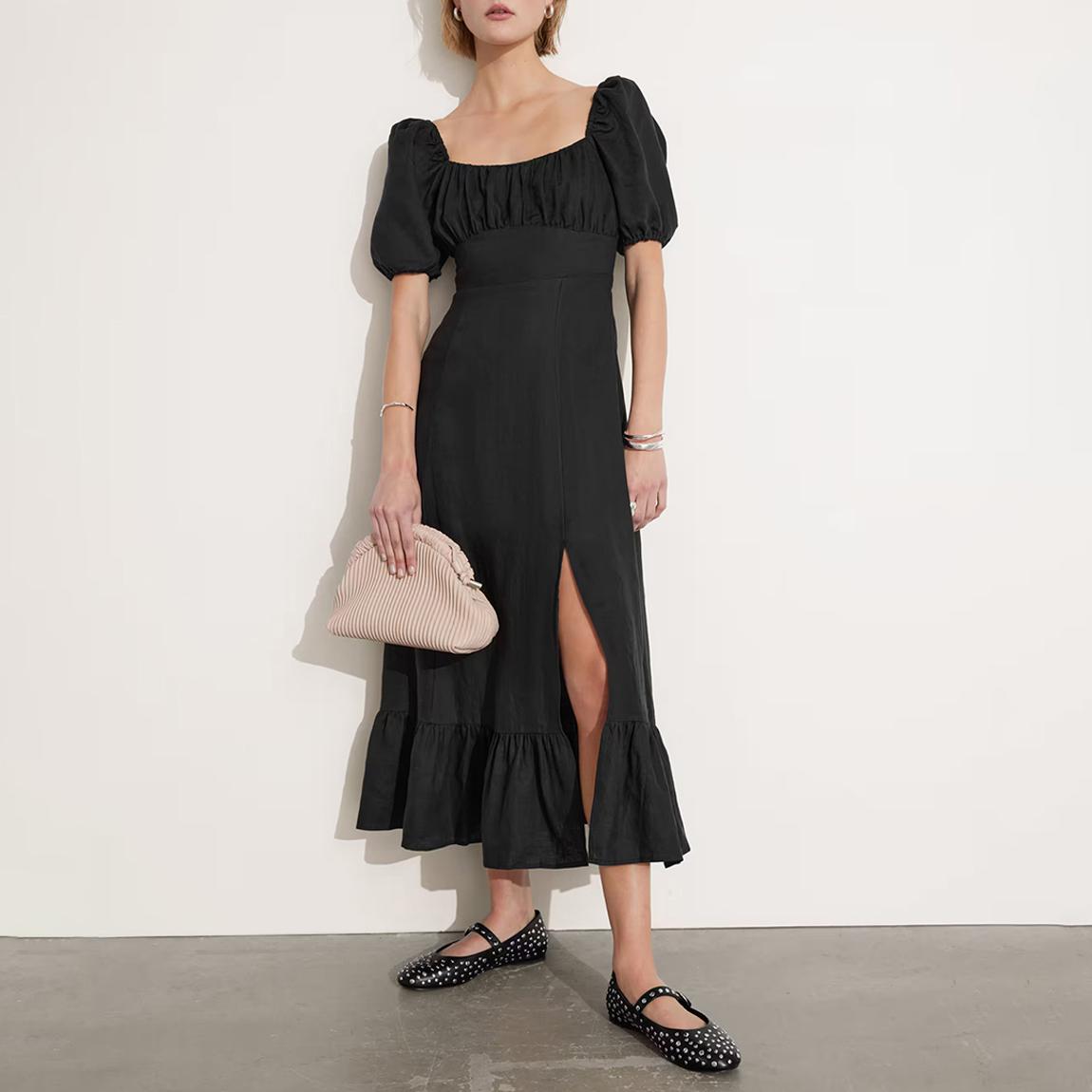 & Other Stories Black Puff Sleeve Linen Midi Dress - BrandAlley