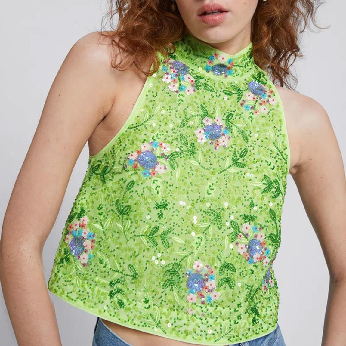 Green Sequin Design Halter Top main product photo